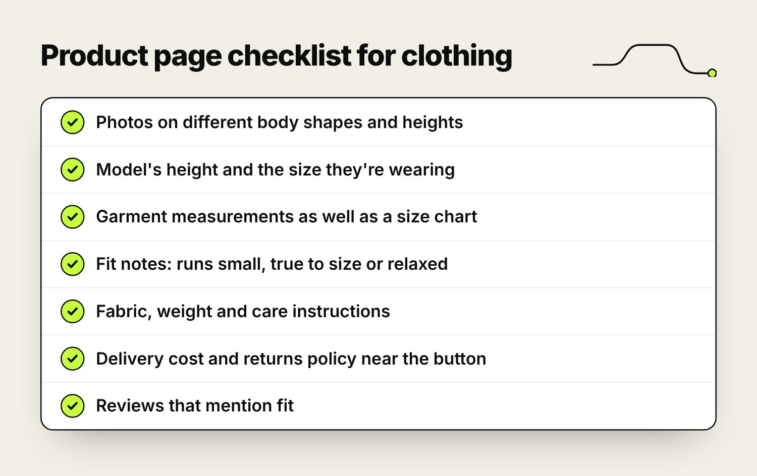 A seven-point checklist for clothing product pages covering photos, model sizing, measurements, fit notes, fabric, delivery and returns, and reviews.